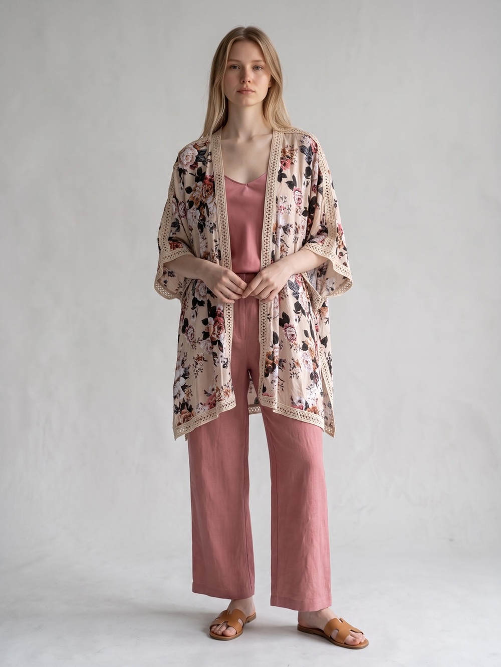 Listicle Beige Floral Open-Front Kimono Cardigan